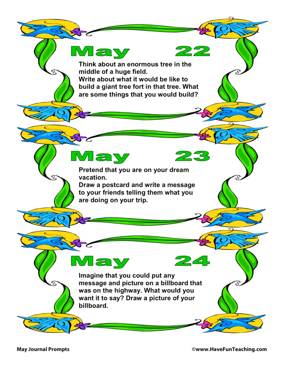 May 22–24 journal prompts: building a giant tree fort, drawing a vacation postcard, and designing a billboard