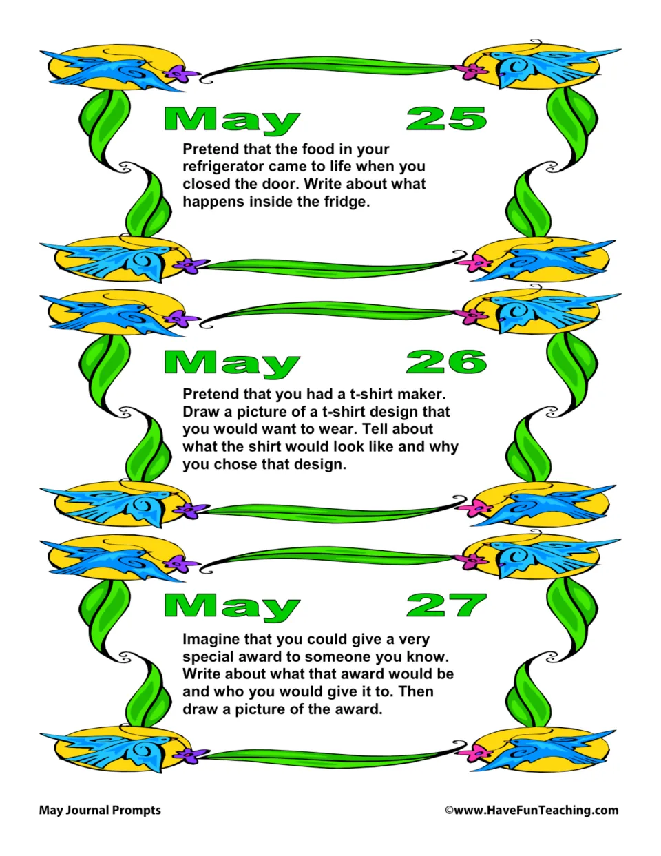 May 25–27 journal prompts: refrigerator food coming alive, designing a T-shirt, and giving someone a special award