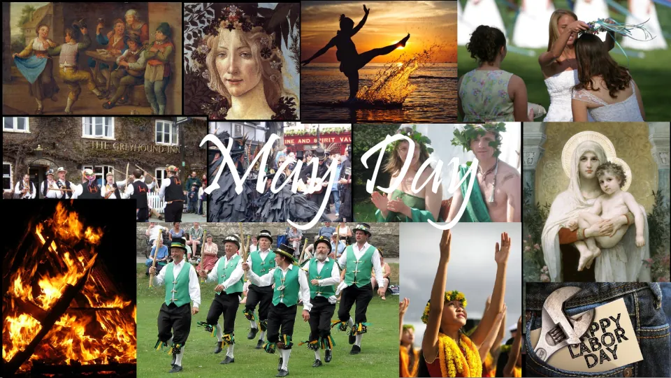 May Day presentation cover showing a collage of dancers, flower crowns, bonfires, and a Labor Day sign