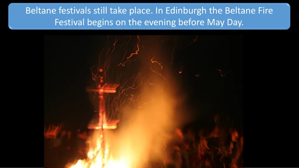 Beltane continuation slide names Edinburgh's Beltane Fire Festival and its start on the evening before May Day