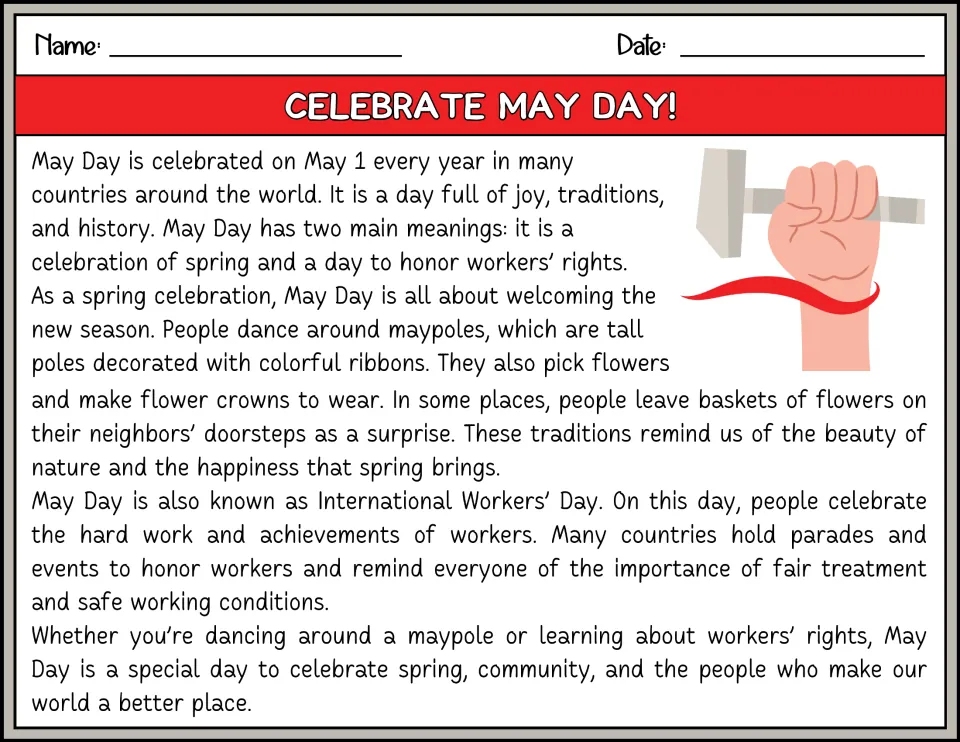 Celebrate May Day! passage in color: students read about maypoles, flower crowns and International Workers' Day