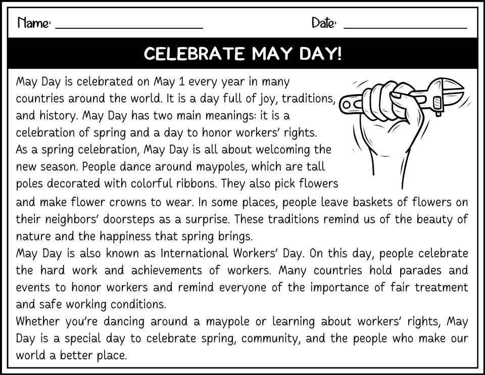 Black-and-white Celebrate May Day! passage on spring traditions, flower baskets and honoring workers' rights