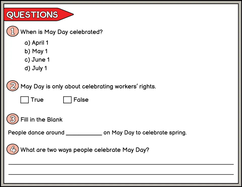 May Day questions 1-4 in color: multiple choice on the date, true/false, fill in a blank and a short answer