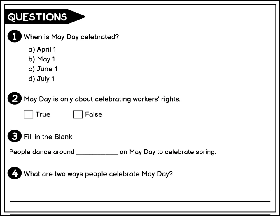 Black-and-white May Day questions 1-4: pick the date, true or false, fill in a blank, name two ways people celebrate