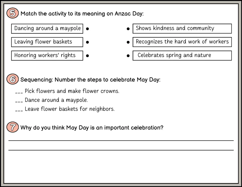 May Day questions 5-7 in color: match traditions to meanings, sequence three celebration steps, explain its importance