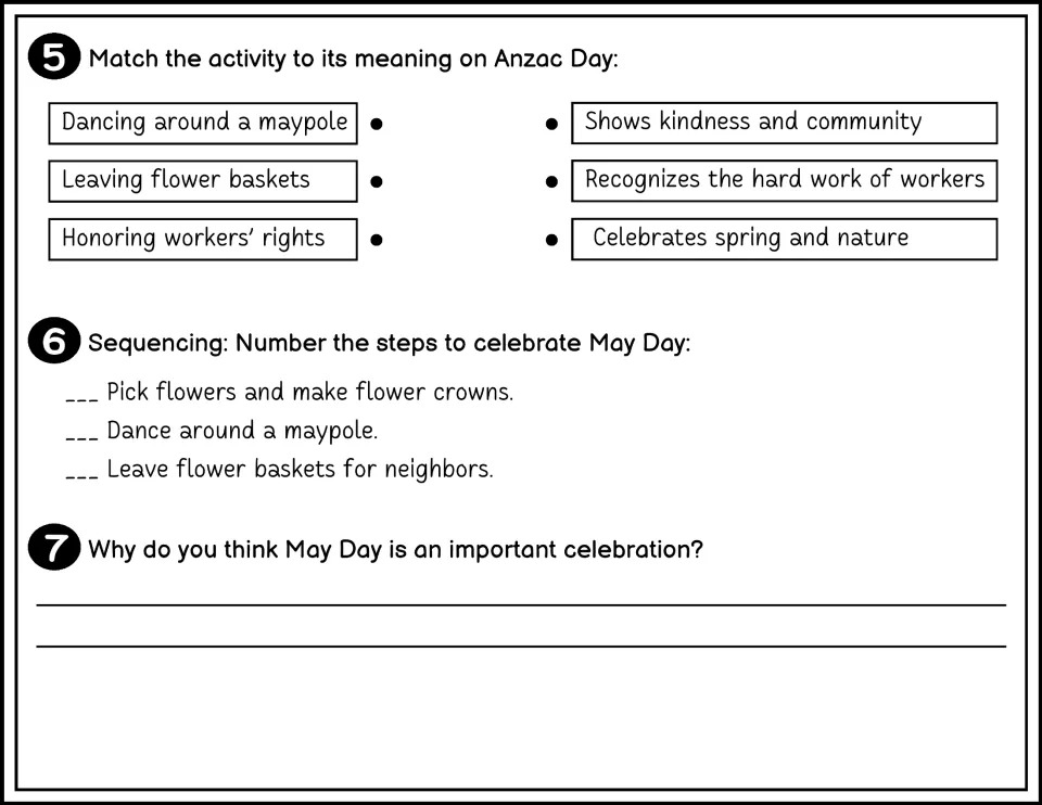 Black-and-white May Day questions 5-7: matching activities to meanings, numbering steps in order and a written opinion