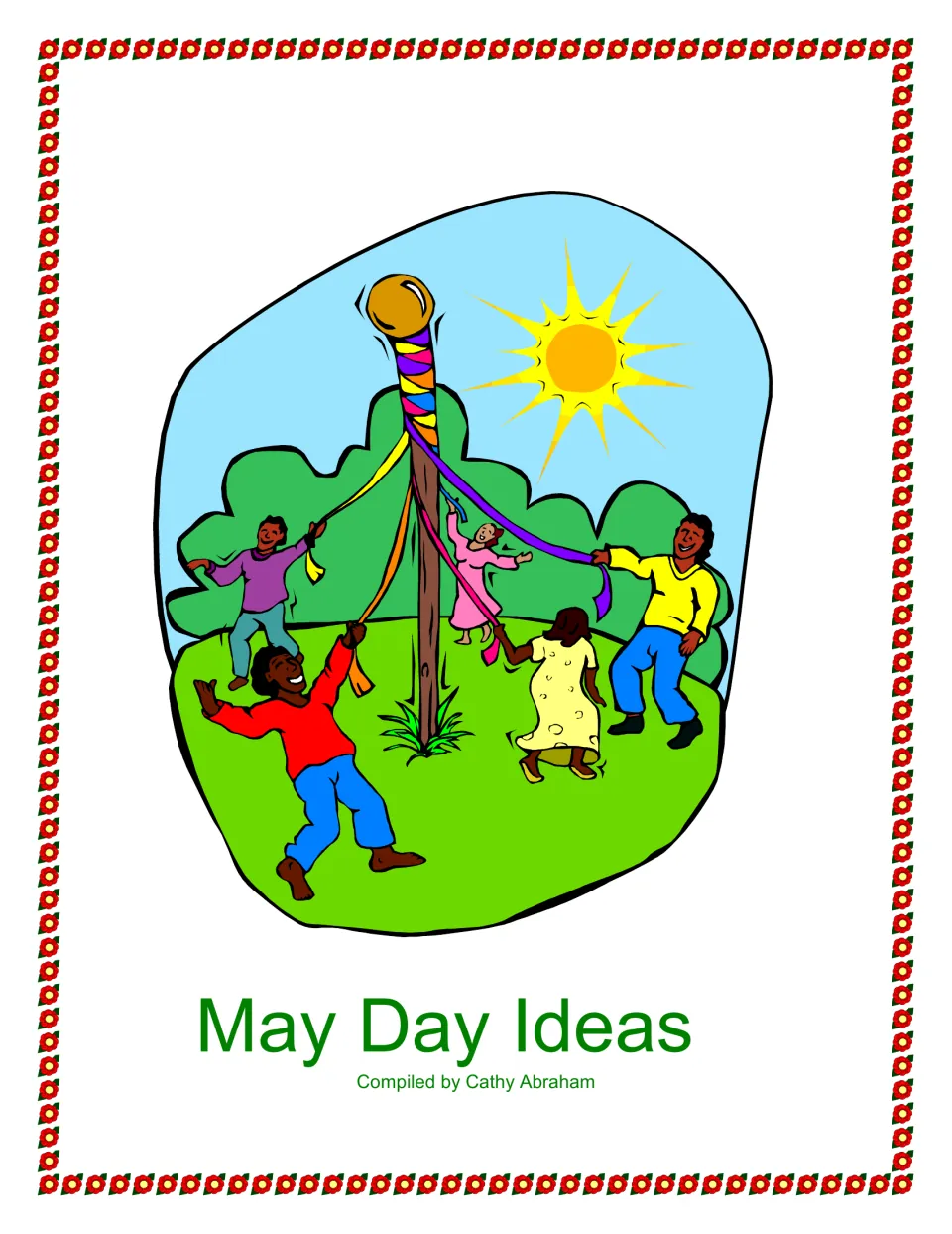 May Day Ideas cover compiled by Cathy Abraham, showing children dancing with ribbons around a maypole in the sun