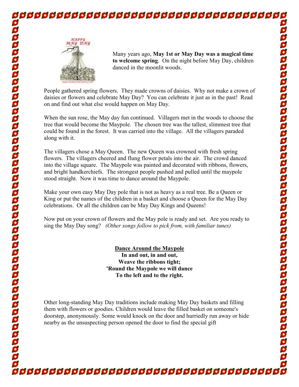 May Day history read-aloud on choosing the Maypole and May Queen, plus the 'Dance Around the Maypole' song