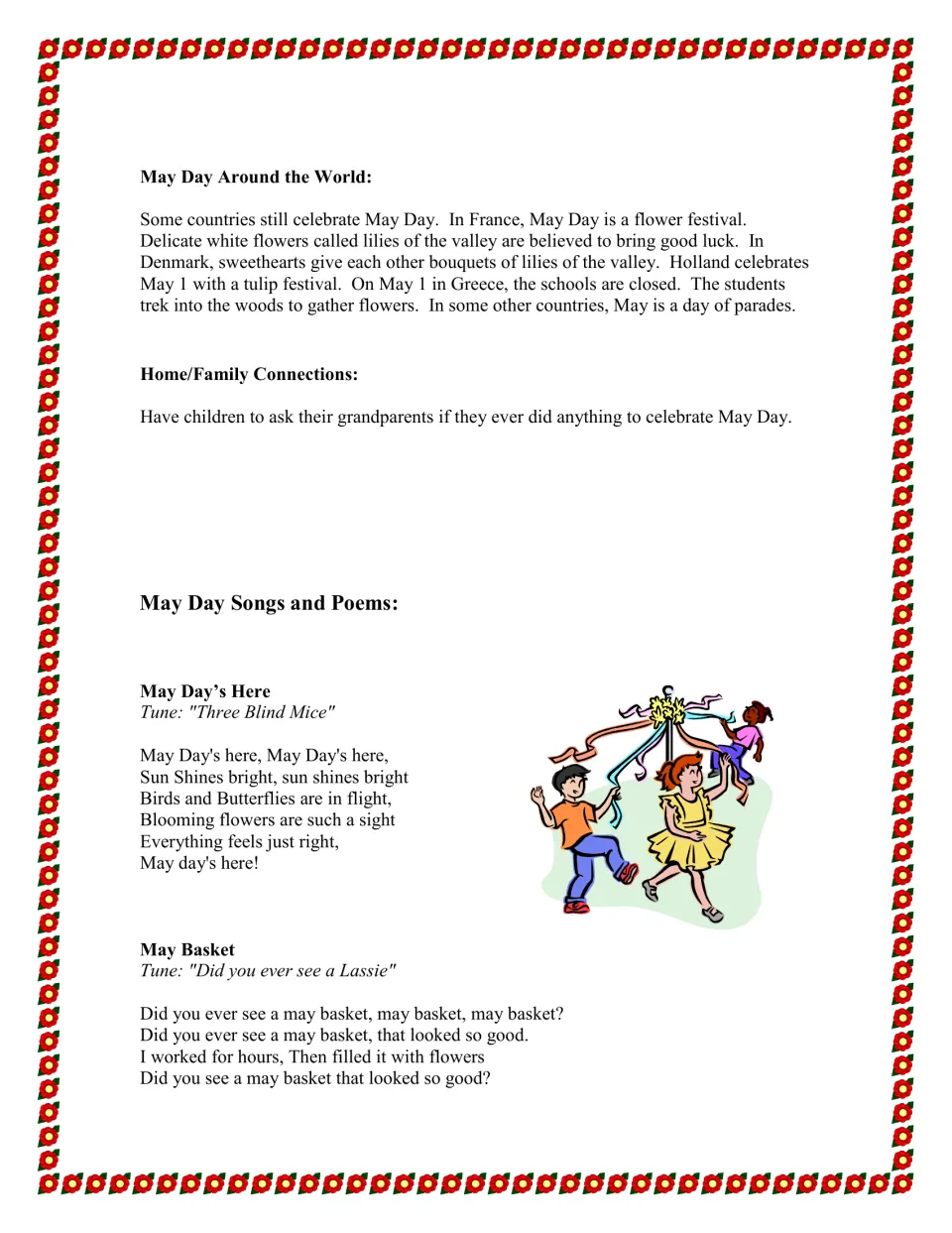 May Day around the world in France, Denmark, Holland and Greece, a grandparent question, and two songs to familiar tunes