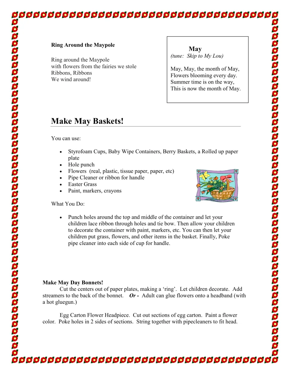 May Basket craft with materials list and steps, two songs, and paper plate bonnet and egg carton flower headpiece ideas