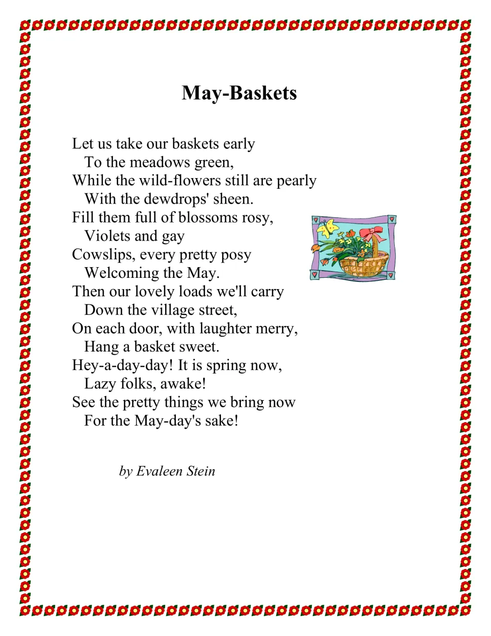 May-Baskets, a poem by Evaleen Stein about gathering spring flowers and hanging baskets on village doors