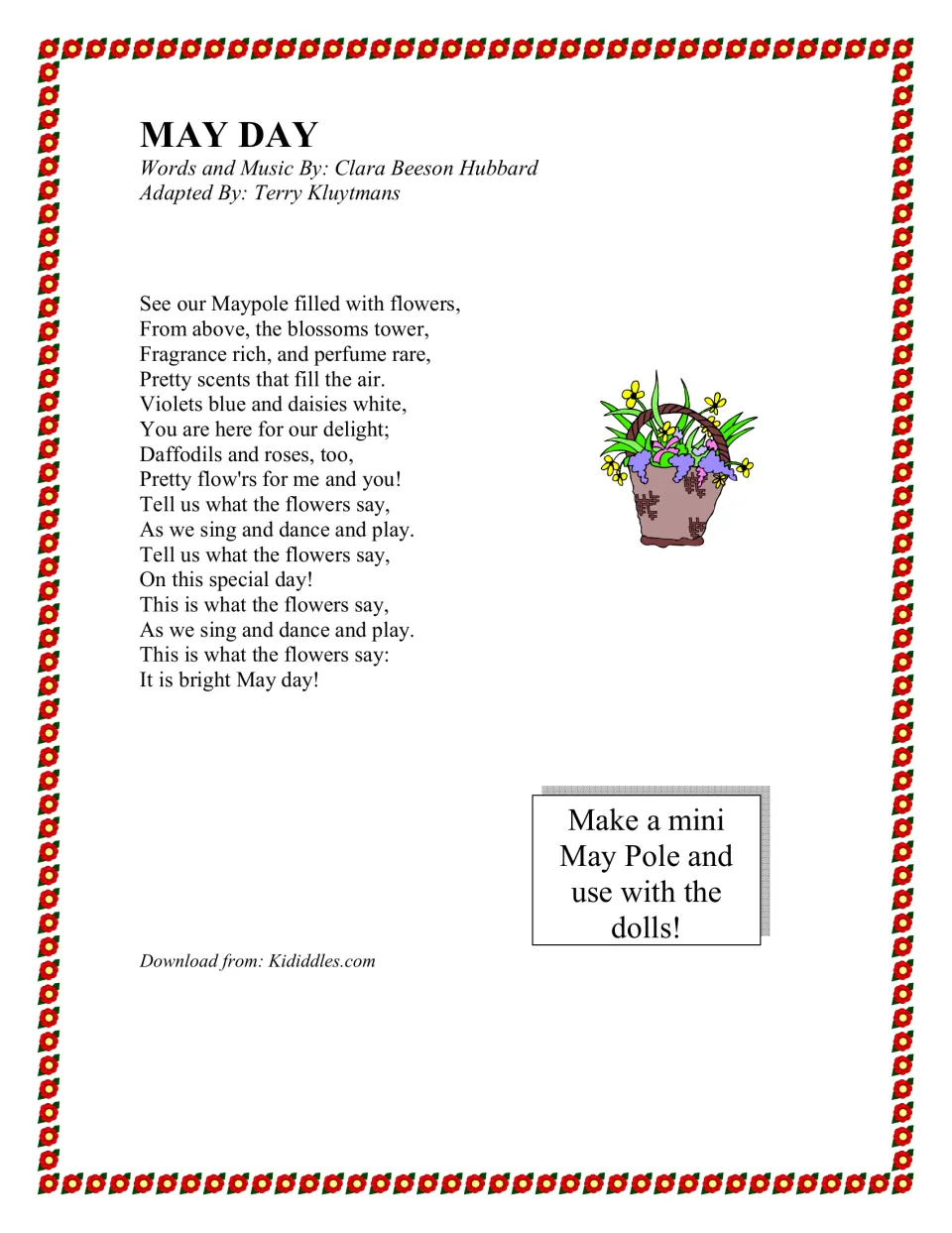 MAY DAY song lyrics by Clara Beeson Hubbard about flowers on the Maypole, with a note to make a mini May Pole for dolls