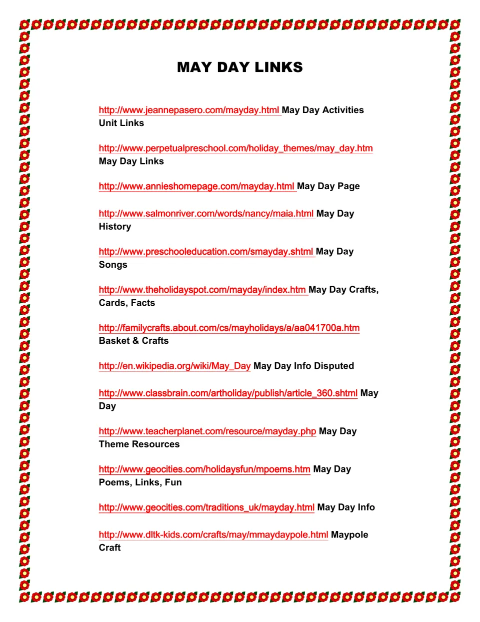 May Day links: a list of 13 websites for May Day activities, history, songs, poems, crafts and facts