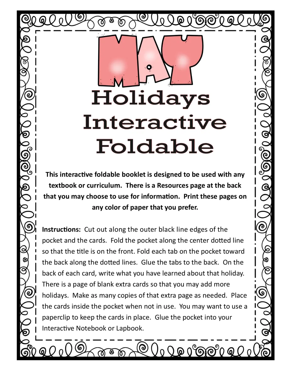 Introduction and instructions: cut out the pocket and cards, fold and glue the tabs, write facts on card backs
