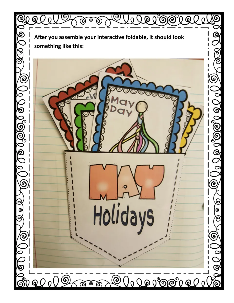 Assembled example: a 'May Holidays' pocket glued in a notebook holding the holiday cards, May Day card in front