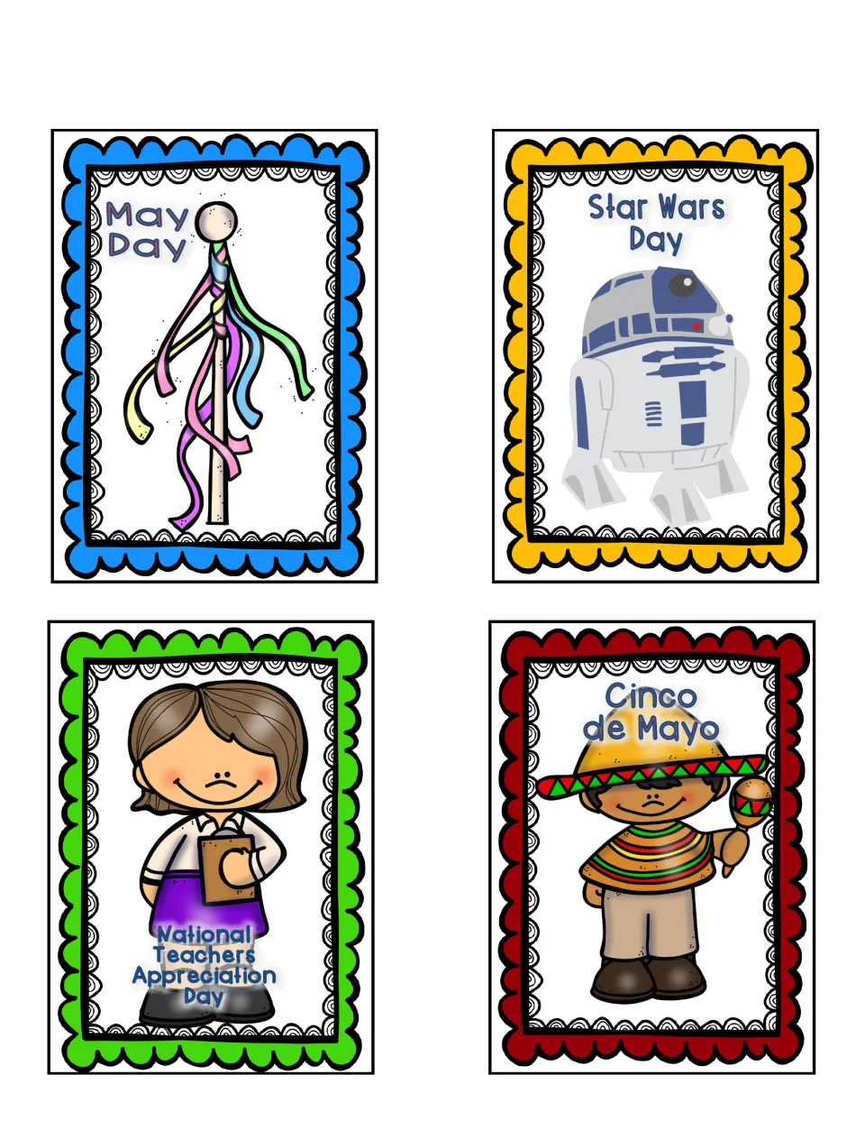 Holiday cards 1–4: May Day, Star Wars Day, National Teachers Appreciation Day and Cinco de Mayo, with pictures