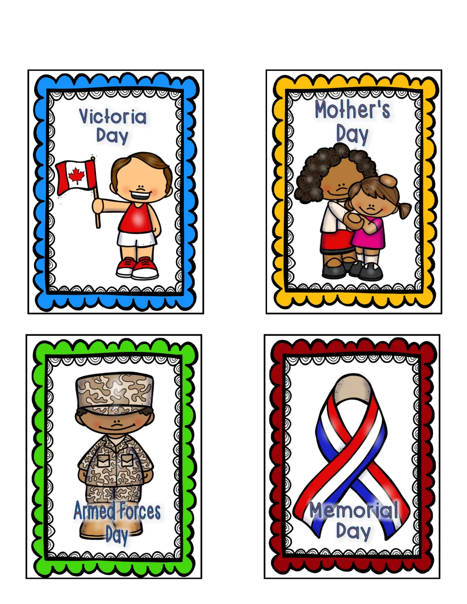 Holiday cards 5–8: Victoria Day, Mother's Day, Armed Forces Day and Memorial Day, each with a picture