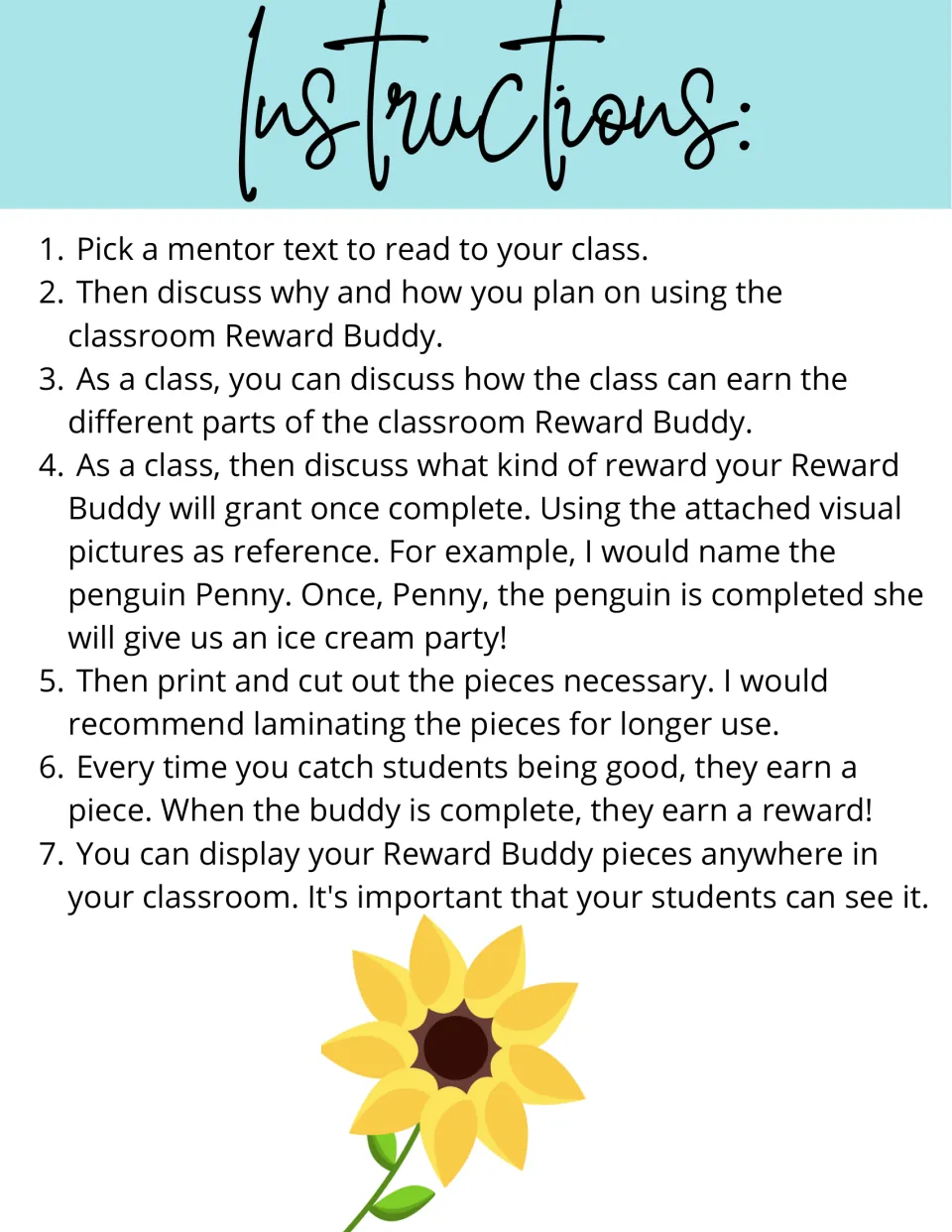 Reward Buddy setup steps: read a mentor text, choose a reward, cut and laminate pieces, award one for good behavior