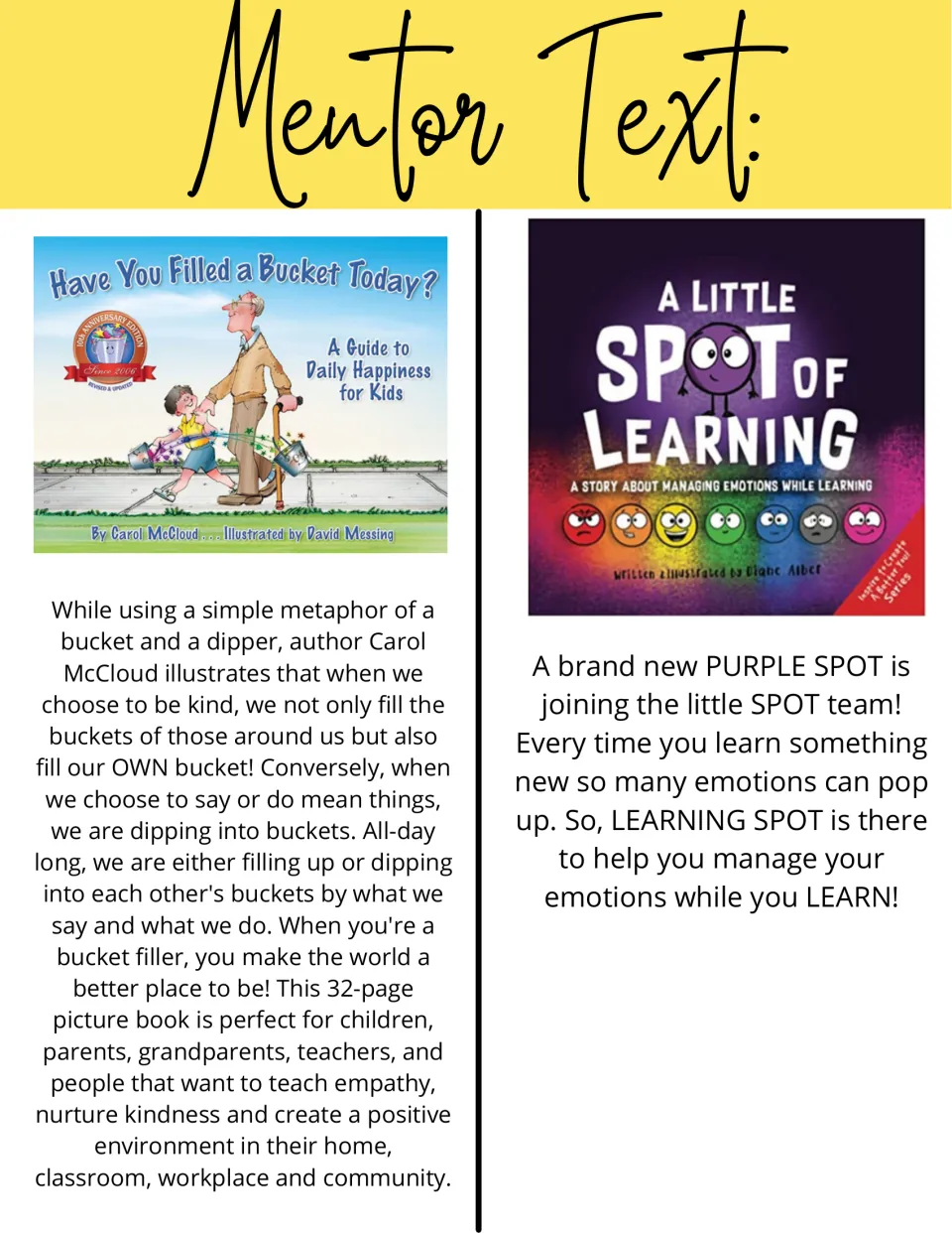 Mentor text picks: Have You Filled a Bucket Today? and A Little SPOT of Learning, each with a short summary