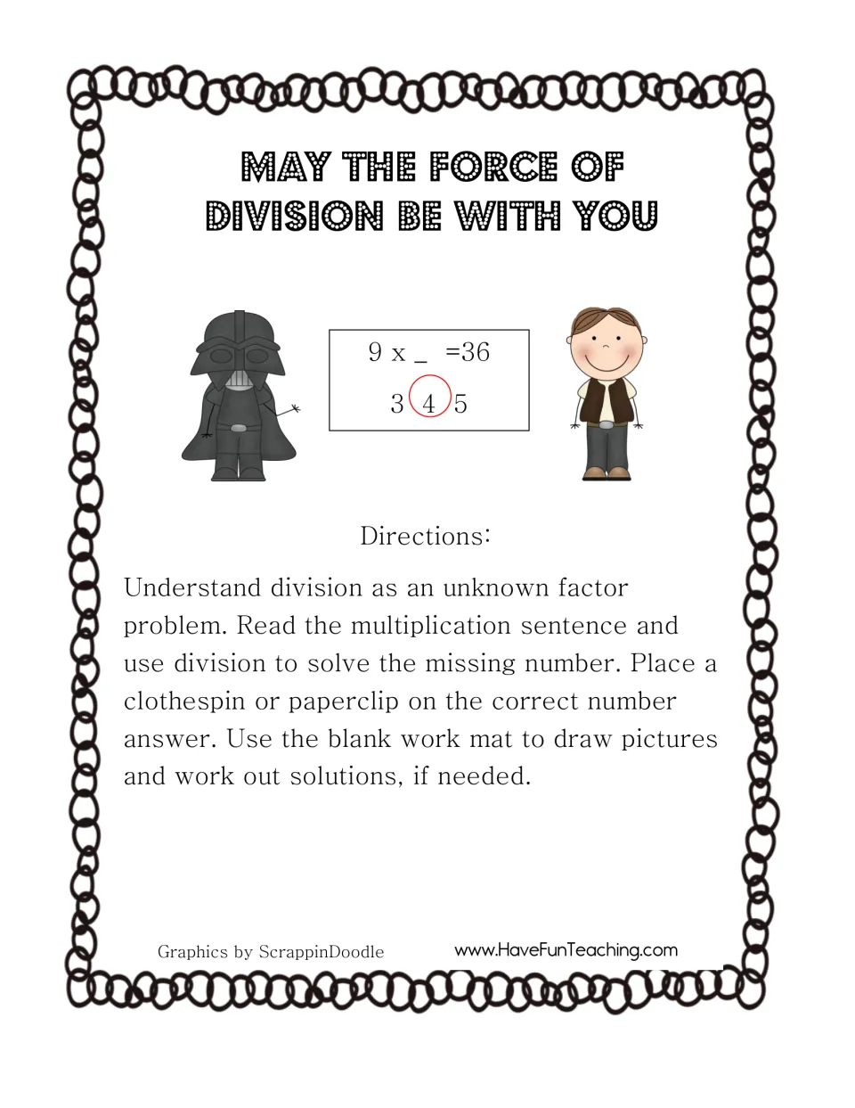 May the Force of Division Be With You cover: directions to clip the missing factor, with a 9 x _ = 36 sample card