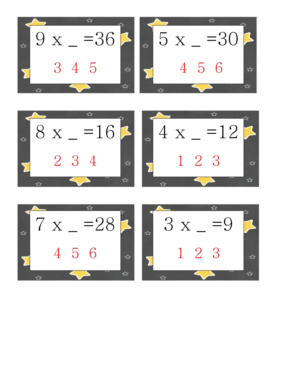 Missing factor task cards: six cards such as 9 x _ = 36 and 5 x _ = 30, each with three choices to clip the answer