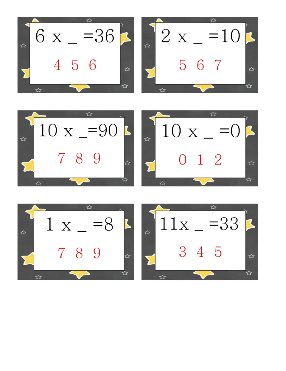 Unknown factor clip cards: six facts including 10 x _ = 90, 10 x _ = 0 and 11 x _ = 33, each offering three choices