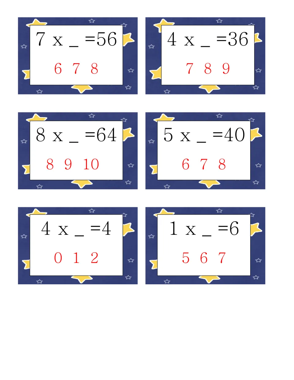 Division as missing factor cards: six facts such as 7 x _ = 56, 8 x _ = 64 and 4 x _ = 4; students clip the factor