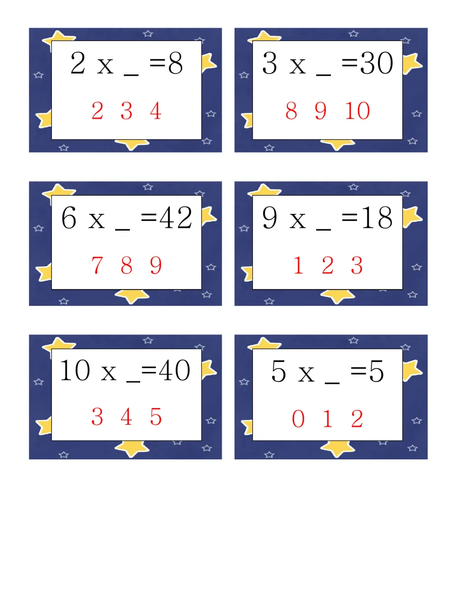 Missing factor cards: six facts including 2 x _ = 8, 6 x _ = 42 and 5 x _ = 5, each with three number choices to clip