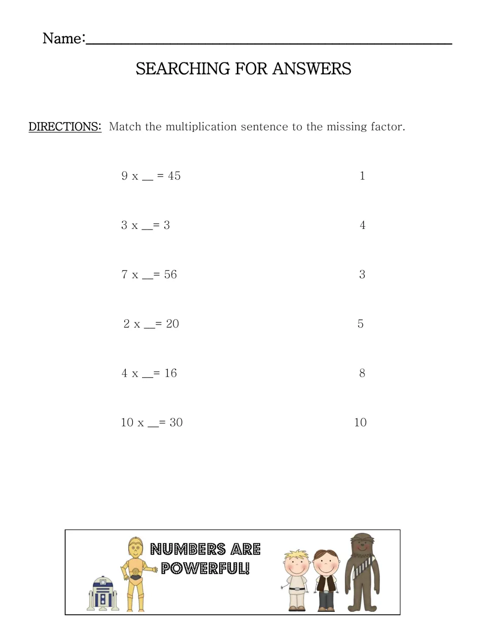 Searching for Answers: students match six multiplication sentences, such as 9 x _ = 45, to their missing factors