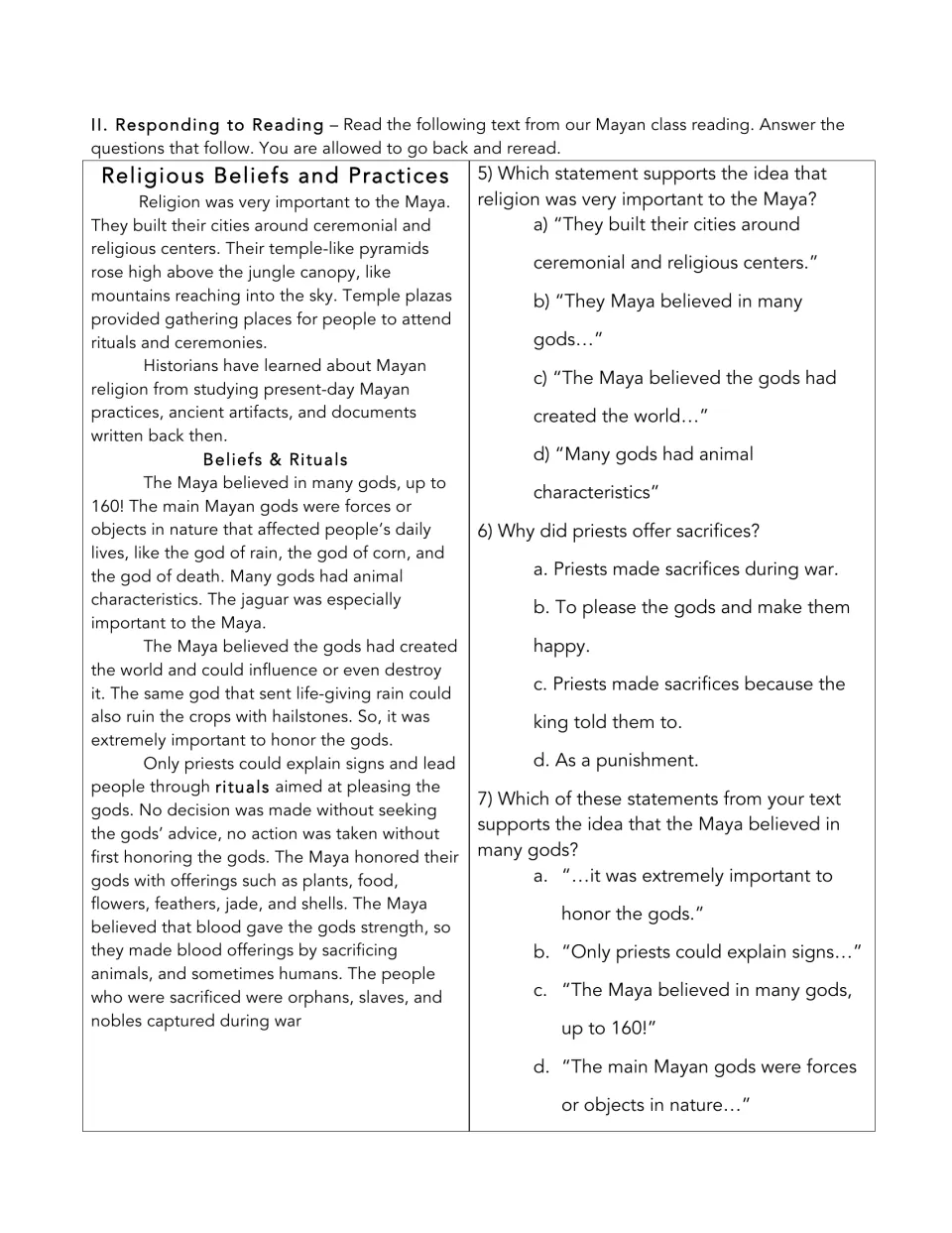 Mayan religious beliefs reading: students reread a passage and pick text evidence on gods, rituals and sacrifice in Q5-7