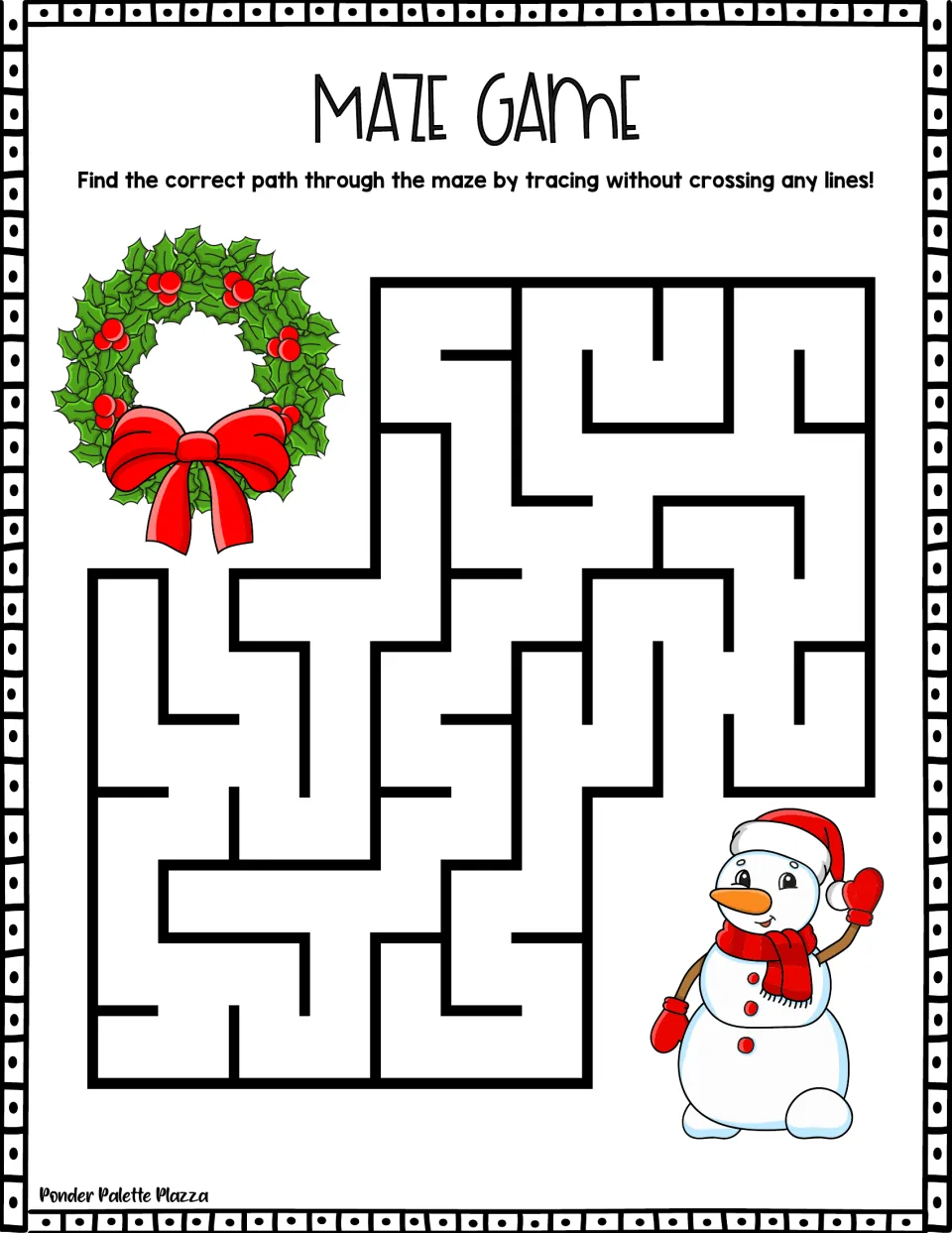 Christmas maze game: students trace one path through the maze from a holly wreath toward a waving snowman in a Santa hat