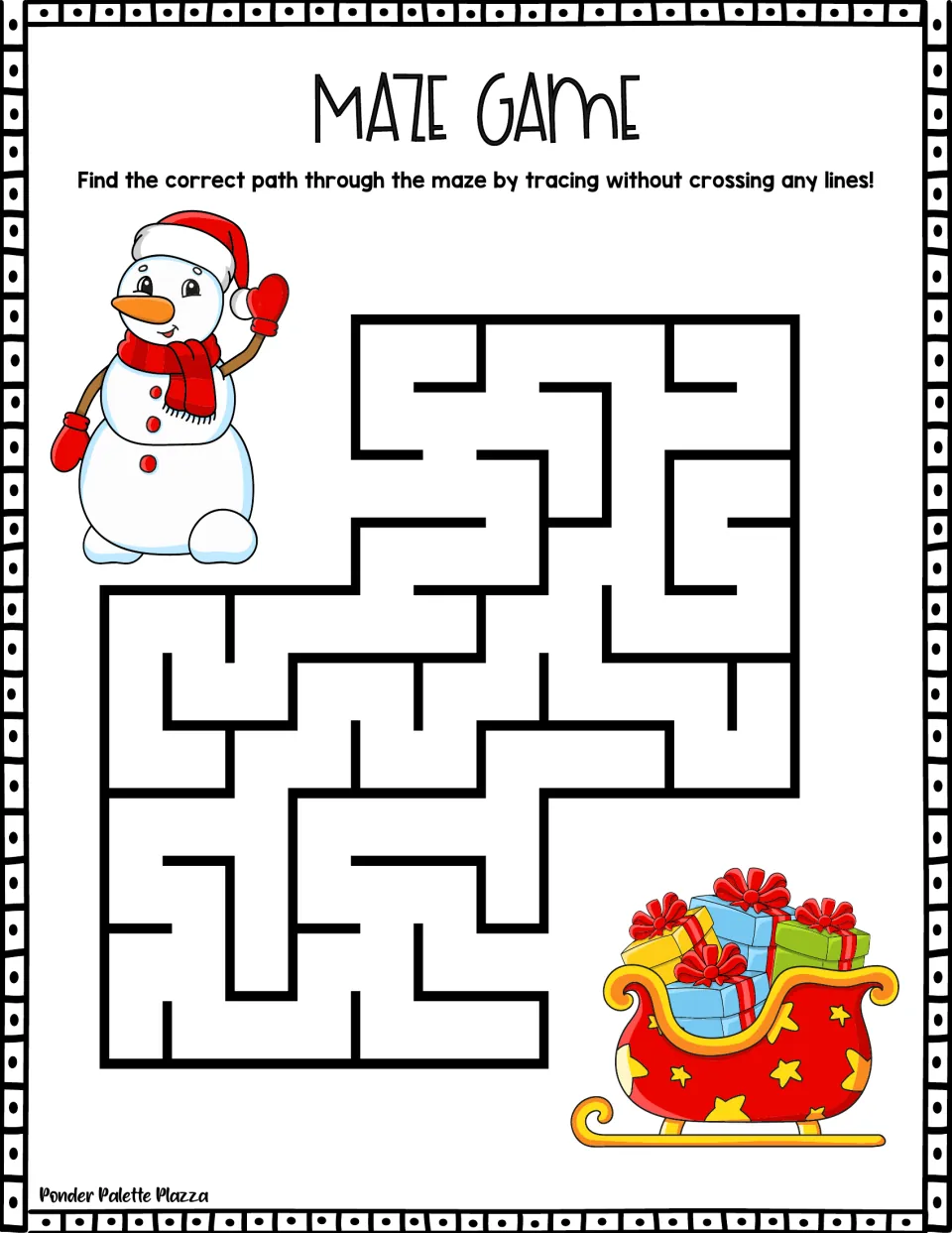 Winter maze: children trace a route without crossing walls, starting near a snowman and ending by a sleigh of gifts