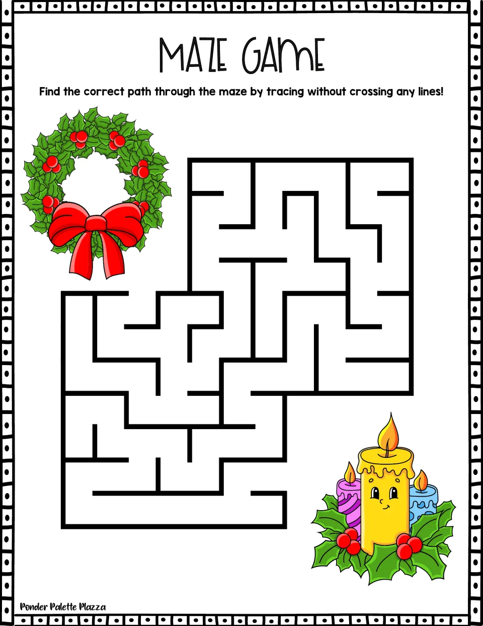 Holiday maze puzzle: students find the correct path from a berry wreath to three lit candles ringed with holly