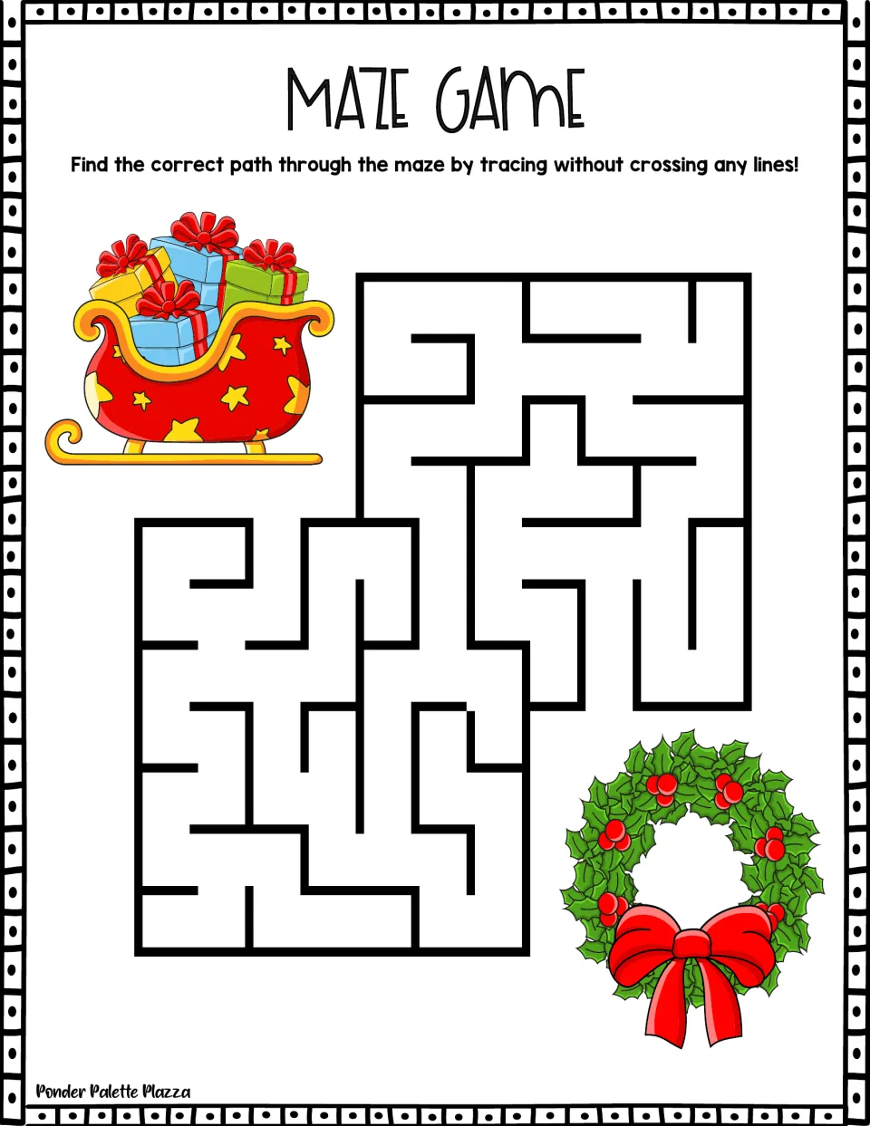 Christmas path-tracing maze: learners steer from a star-covered sleigh of gifts to a holly wreath with a red bow