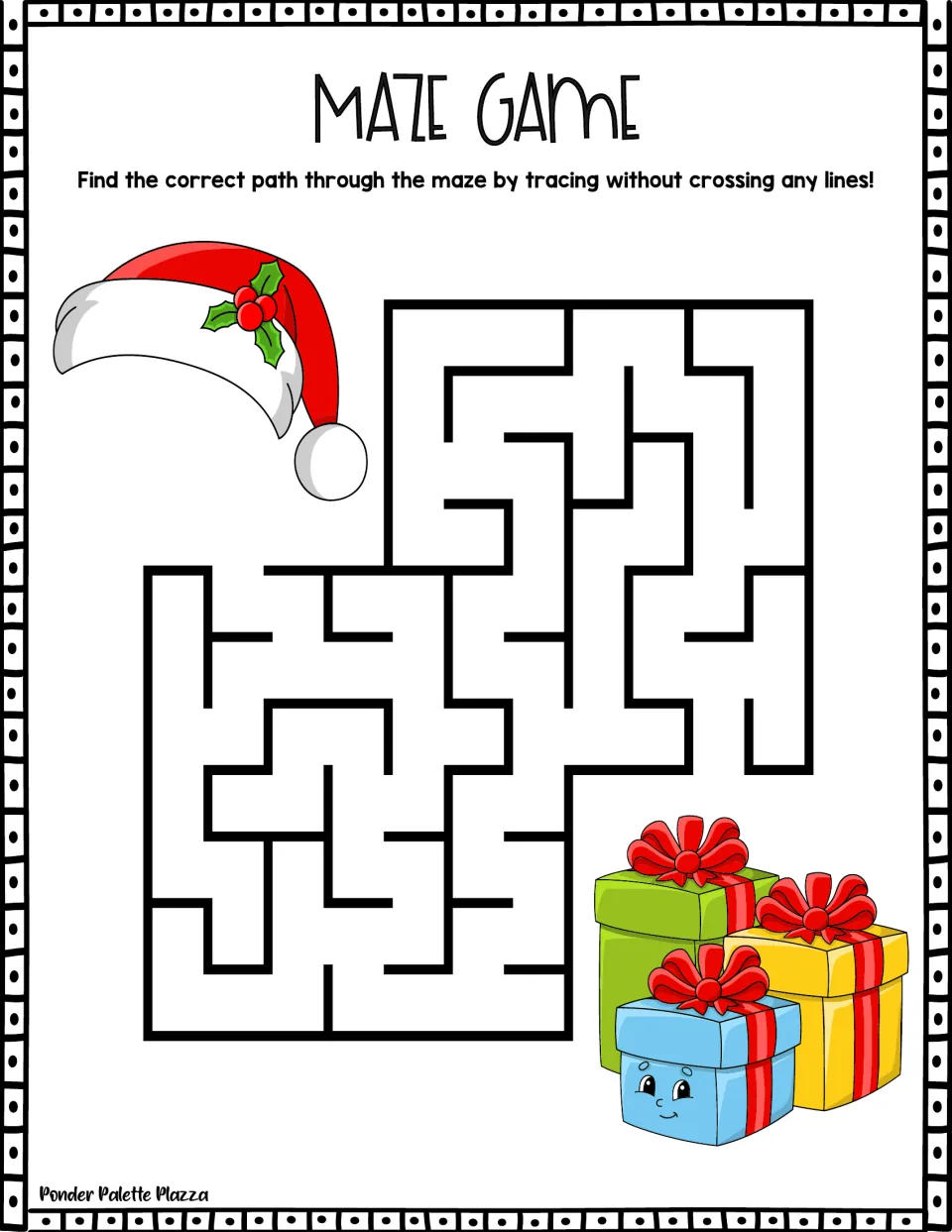 Santa hat maze: students trace a path through the puzzle from a red Santa hat down to a stack of three wrapped presents