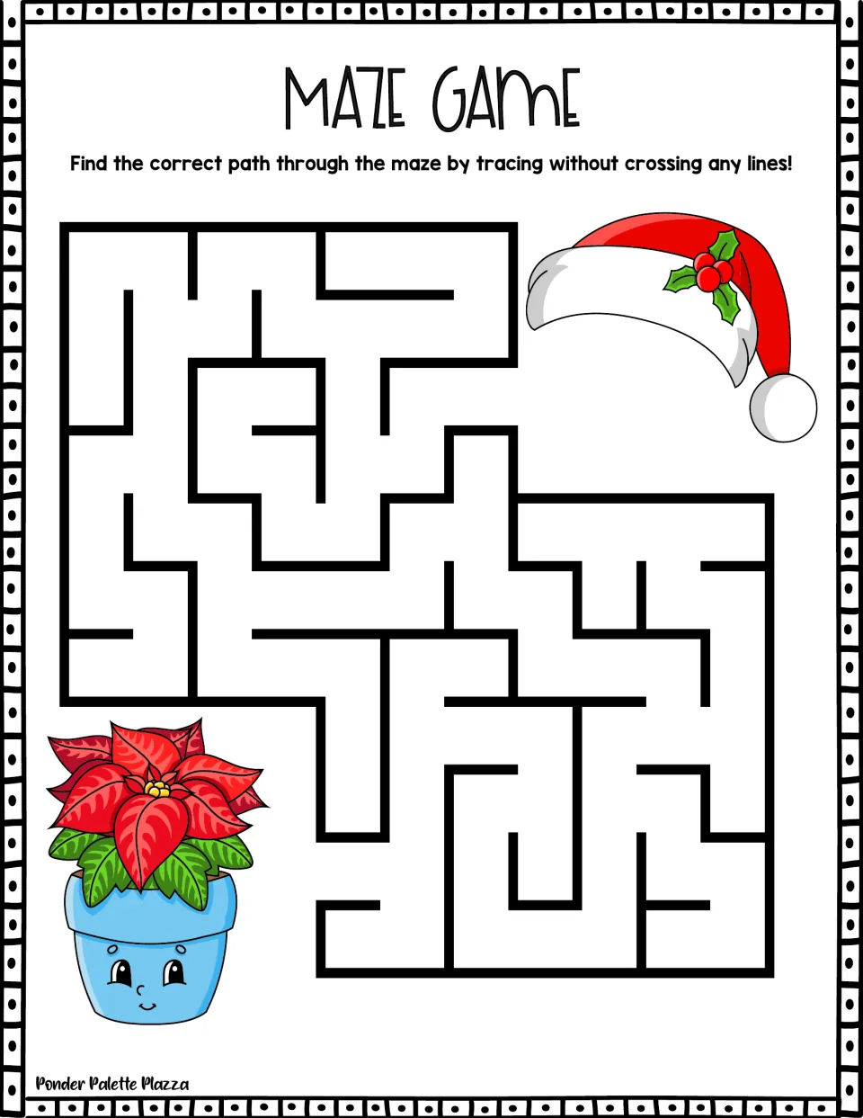 Poinsettia maze: children trace the correct route between a potted red poinsettia and a Santa hat with holly berries