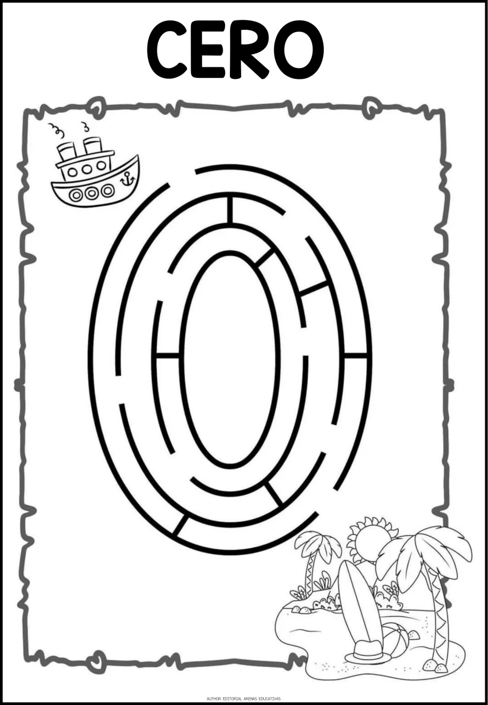 Number maze worksheet for 0, labeled 'CERO' (zero), one of the resource's single-numeral maze pages.