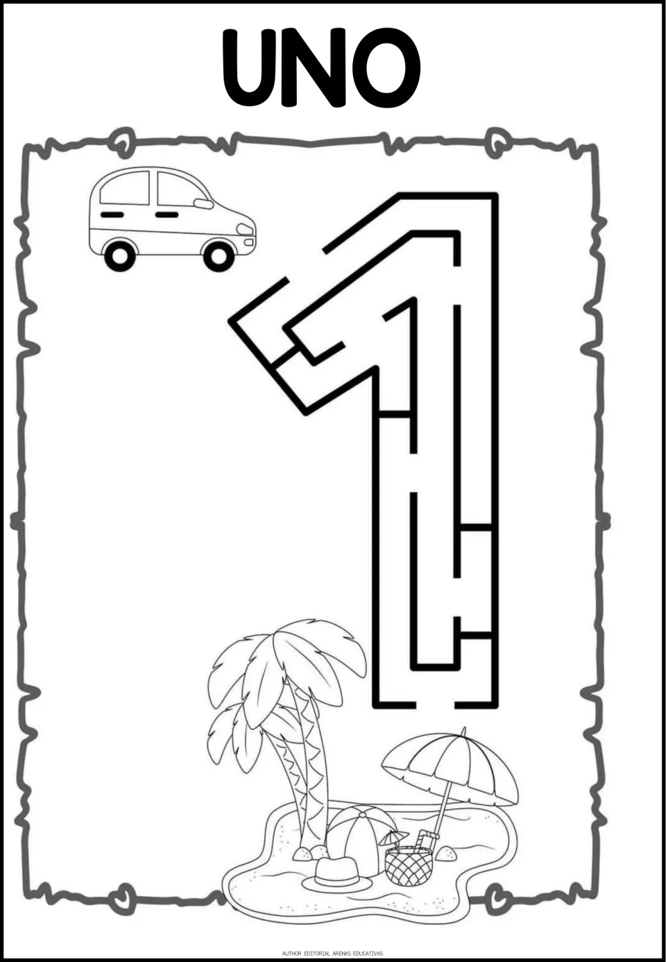 Number maze worksheet for 1, labeled 'UNO' (one), one of the resource's single-numeral maze pages.