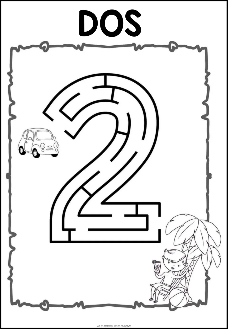 Number maze worksheet for 2, labeled 'DOS' (two), one of the resource's single-numeral maze pages.