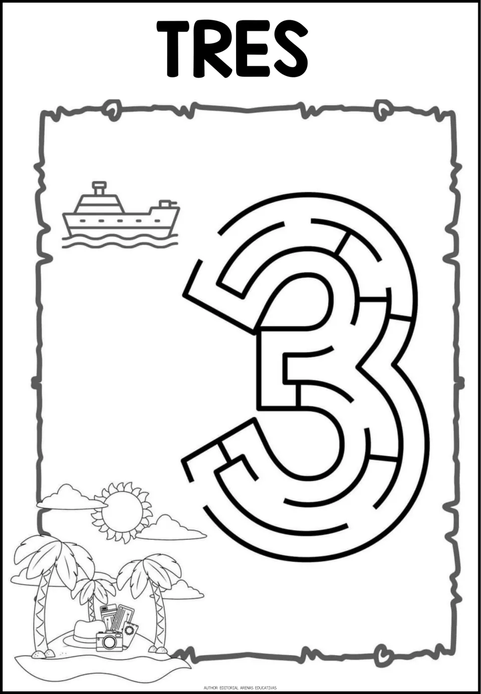 Number maze worksheet for 3, labeled 'TRES' (three), one of the resource's single-numeral maze pages.