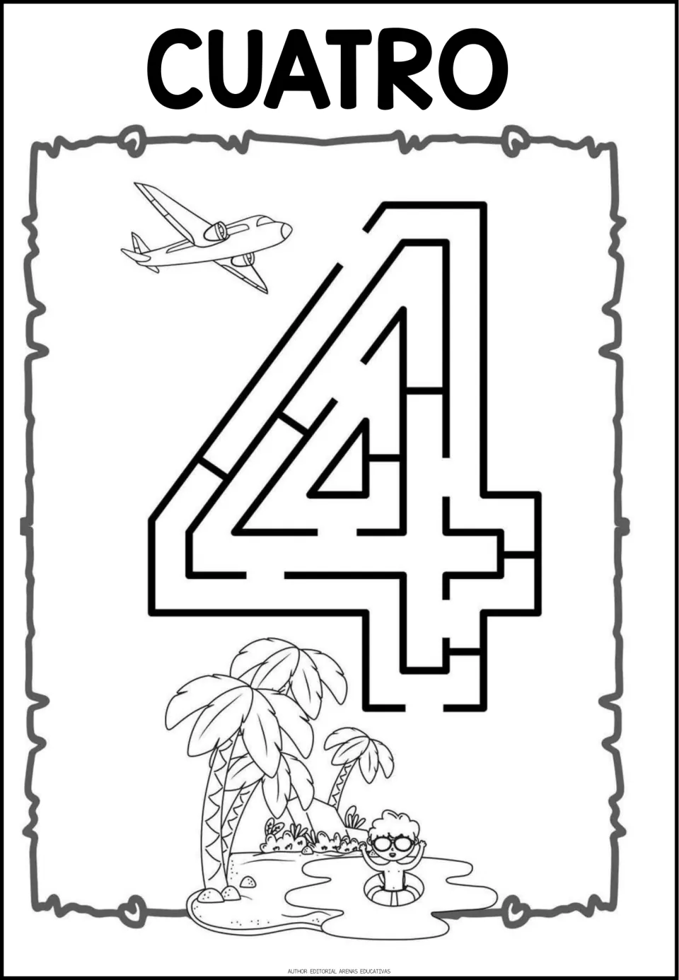 Number maze worksheet for 4, labeled 'CUATRO' (four), one of the resource's single-numeral maze pages.