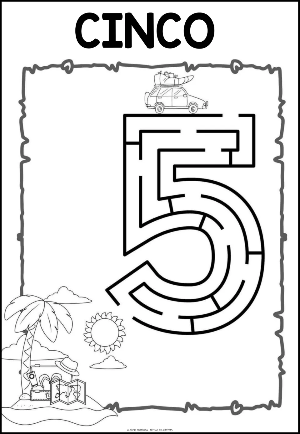 Number maze worksheet for 5, labeled 'CINCO' (five), one of the resource's single-numeral maze pages.