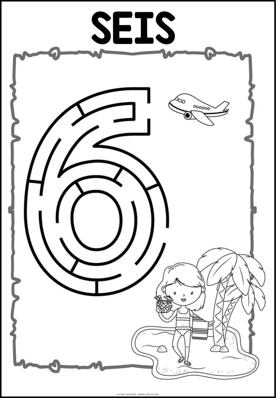 Number maze worksheet for 6, labeled 'SEIS' (six), one of the resource's single-numeral maze pages.