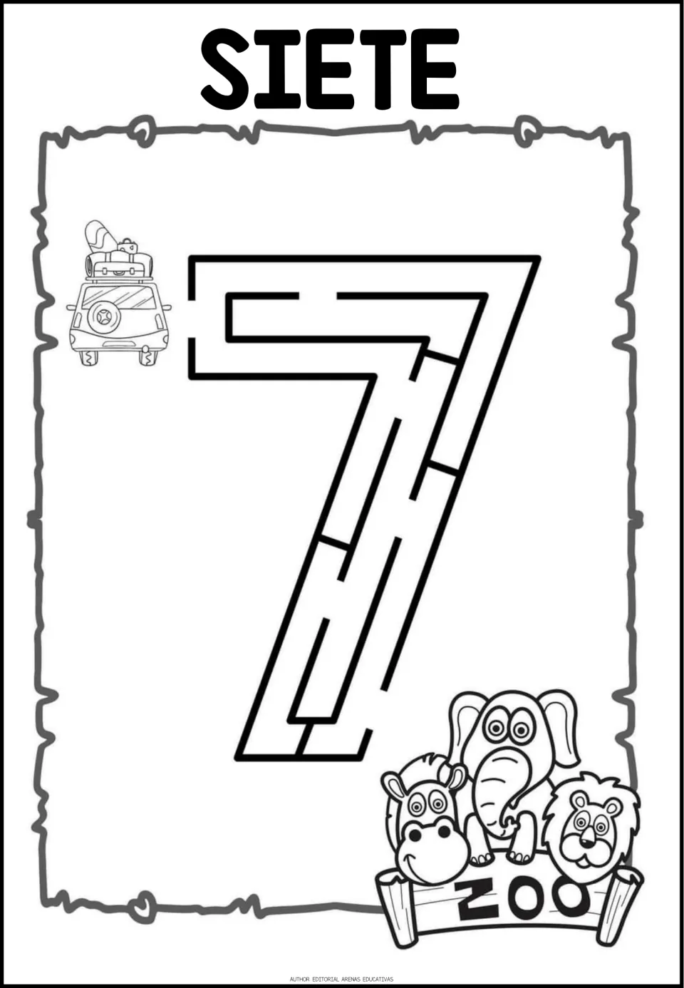 Number maze worksheet for 7, labeled 'SIETE' (seven), one of the resource's single-numeral maze pages.