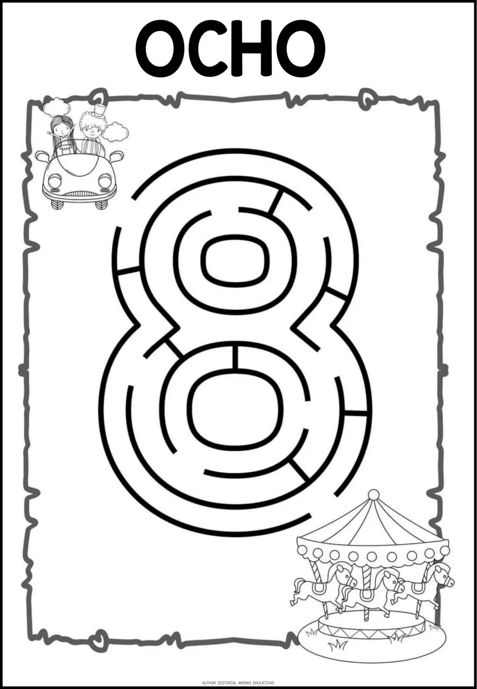 Number maze worksheet for 8, labeled 'OCHO' (eight), one of the resource's single-numeral maze pages.