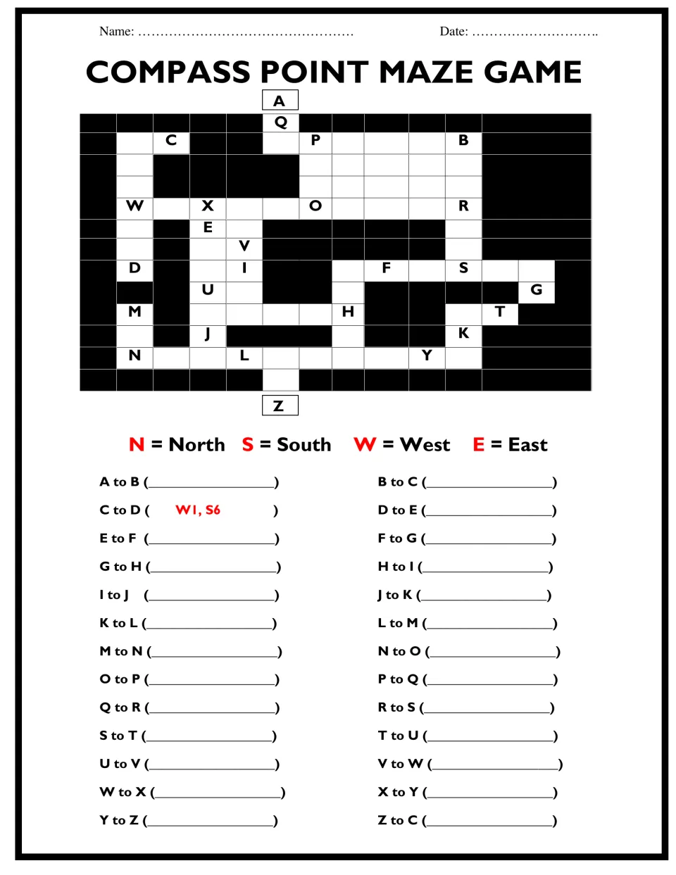 Compass point maze game: students trace each route from A to Z and record the moves as steps north, south, east or west