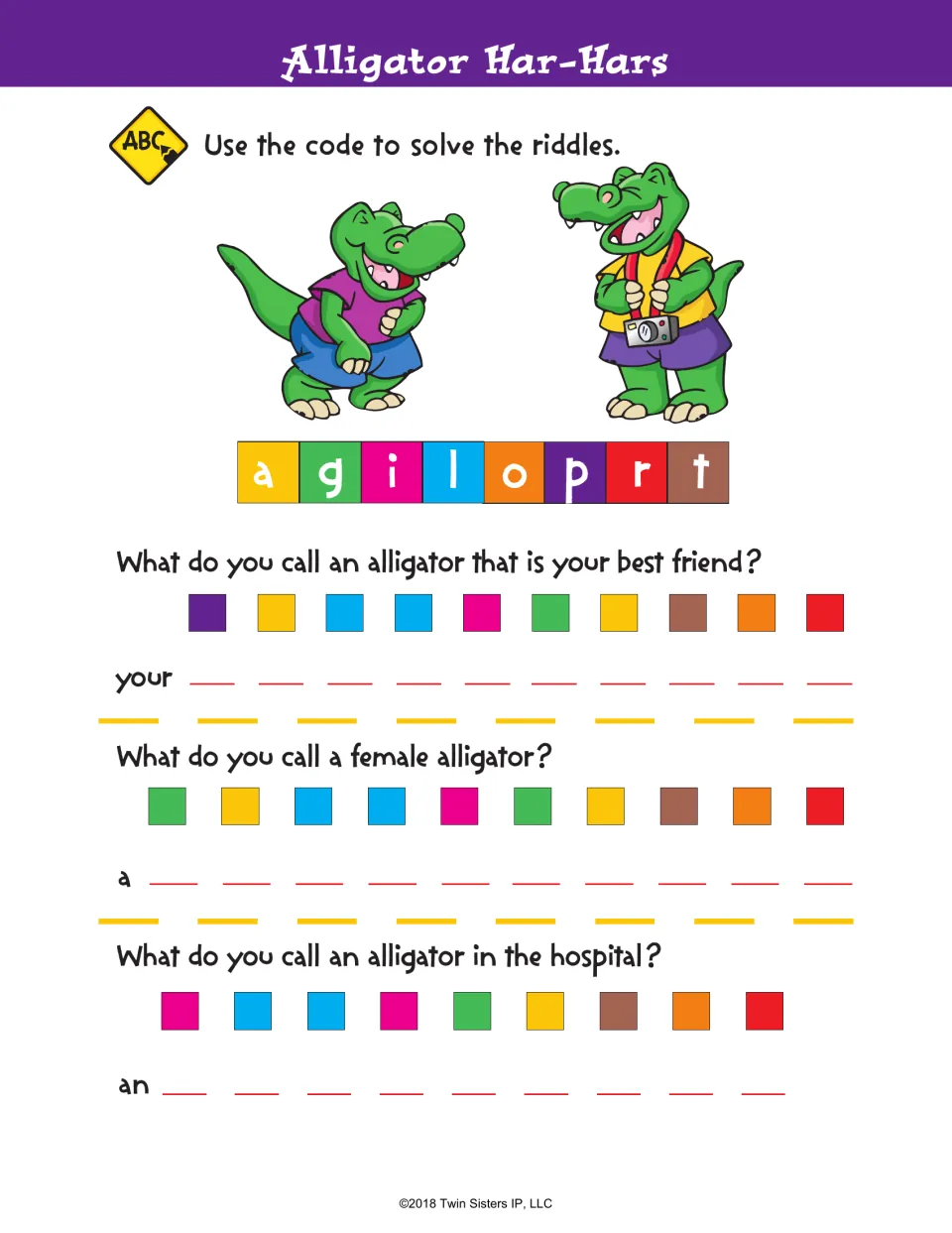 Alligator Har-Hars: students match colored squares to a letter code to spell answers to three alligator joke riddles