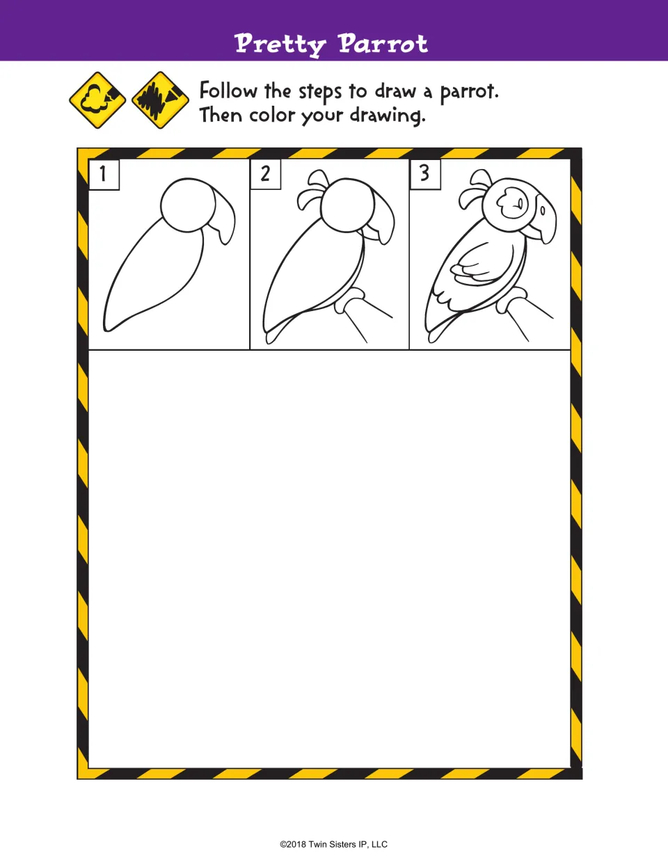 Pretty Parrot: students follow three numbered steps to draw a parrot on a perch, then color their finished drawing
