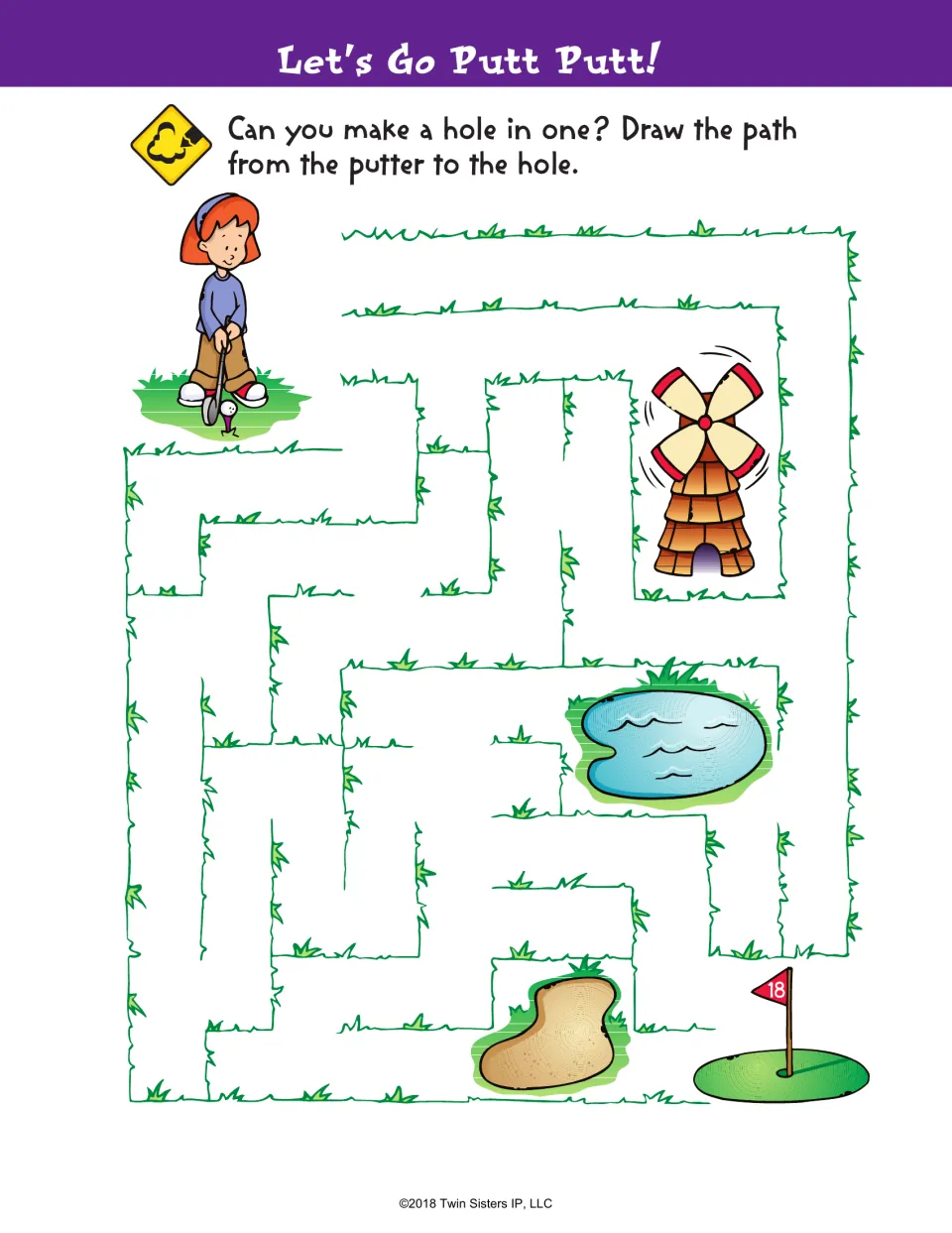 Let's Go Putt Putt! mini golf maze: students draw a path from the child with a putter past a windmill and pond to hole 18