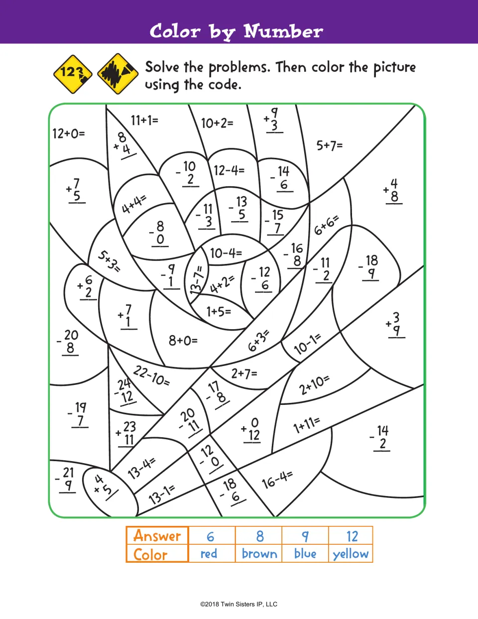 Color by Number: students solve addition and subtraction facts, then color each answer of 6, 8, 9 or 12 by the code